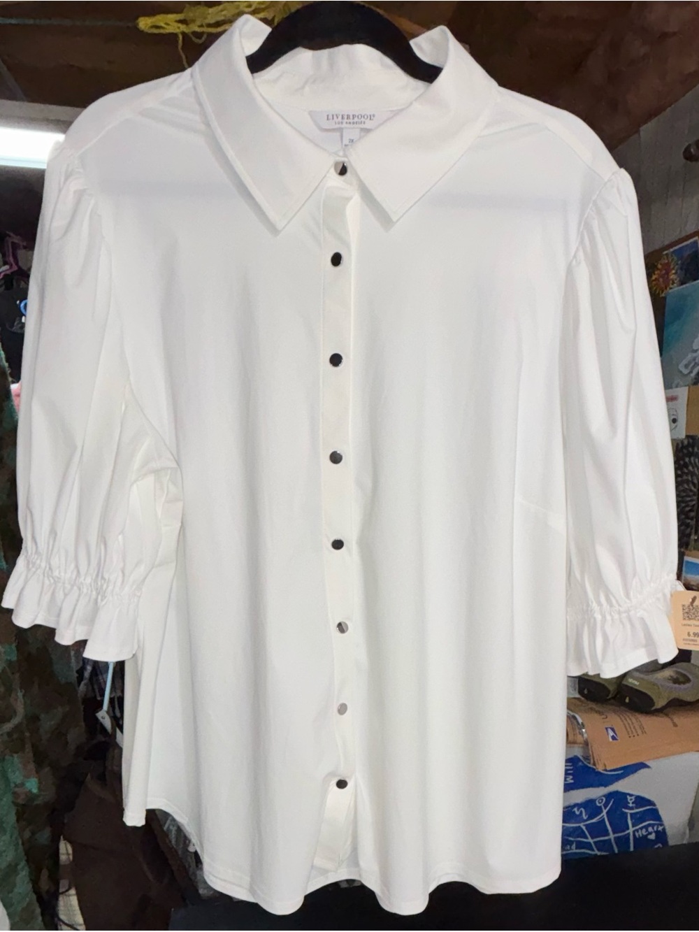 NWT Liverpool White Elbow Puff Sleeve Snap-Front Blouse size 2X
